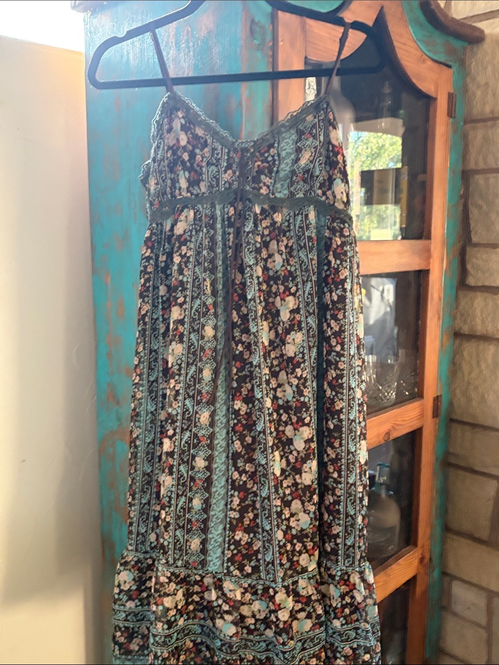 Moon Collection Black Floral Midi Dress with Teal Trim